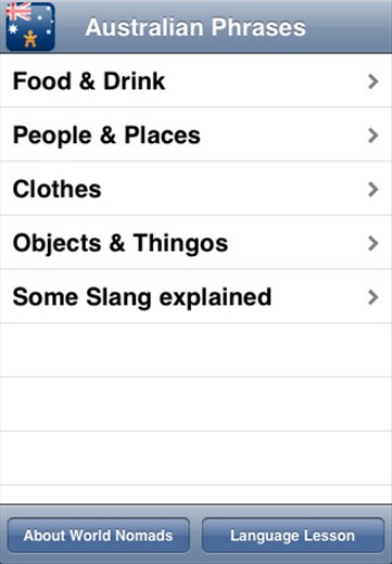 A screenshot from our Aussie slang language guide app for iPhone & iPod touch