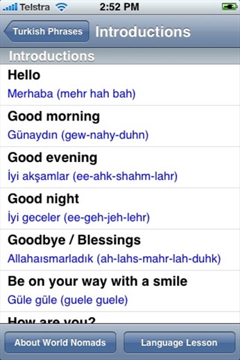 A screenshot from our Turkish language guide application for iPhone & iPod touch